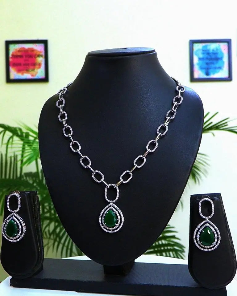 Emerald Hydrostone & CZ Statement Necklace Set | 24K Rhodium Plated Silver Indian Fashions