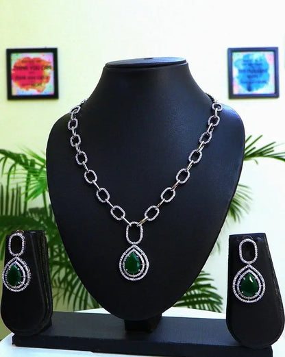 Emerald Hydrostone & CZ Statement Necklace Set | 24K Rhodium Plated Silver Indian Fashions