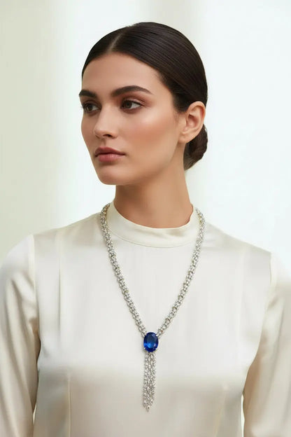 Classic Statement Necklace Set in light blue doublet CZ's and gold finish-WOO!! - Deepika's Adornments