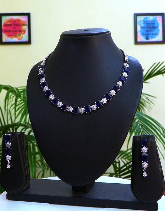 Partywear Classic Dark Blue Sephaire Jewelry Set in Silver with Premium quality CZ