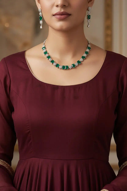 Partywear Classic Emerald Green Set in Silver with Premium quality CZ - Deepika's Adornments
