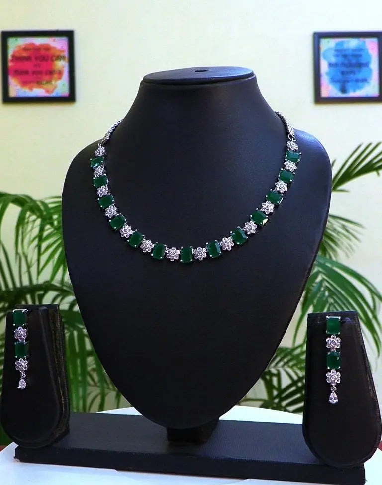 Emerald Green Hydrostone & CZ Classic Necklace Set | 24K Rhodium Plated Silver | Party & Festive Indian Fashions