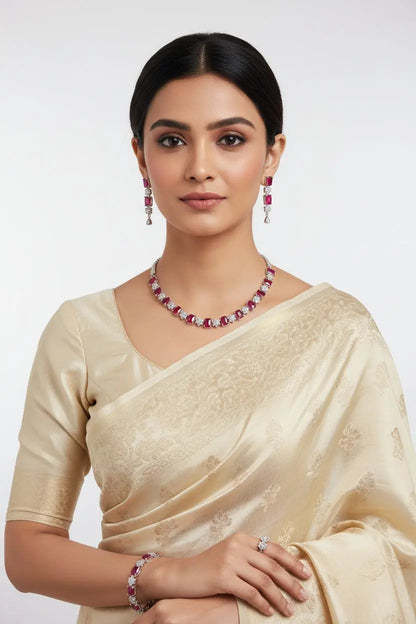 Partywear Classic Red Hydrostone Set in Silver with Premium quality CZ - Deepika's Adornments