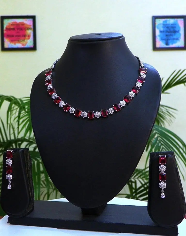Garnet Red Hydrostone & CZ Classic Necklace Set | 24K Rhodium Plated Silver | Party & Festive Indian Fashions