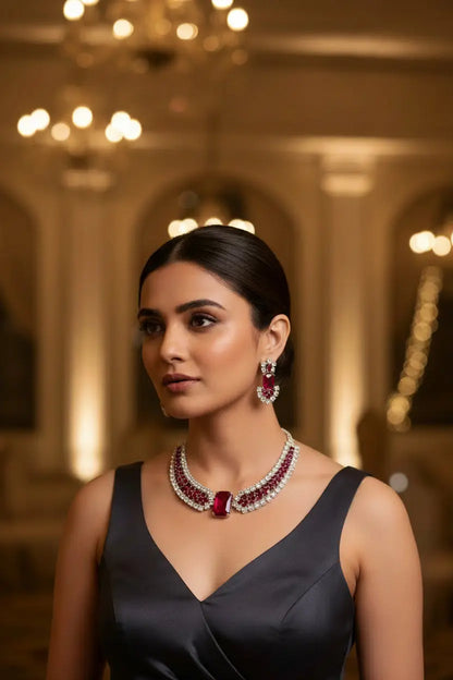 Showstopper American Diamond Stunning Necklace Set-Red - Deepika's Adornments