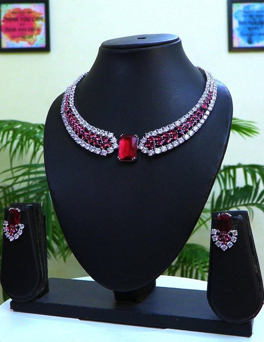 Showstopper American Diamond Stunning Necklace Set-Red
