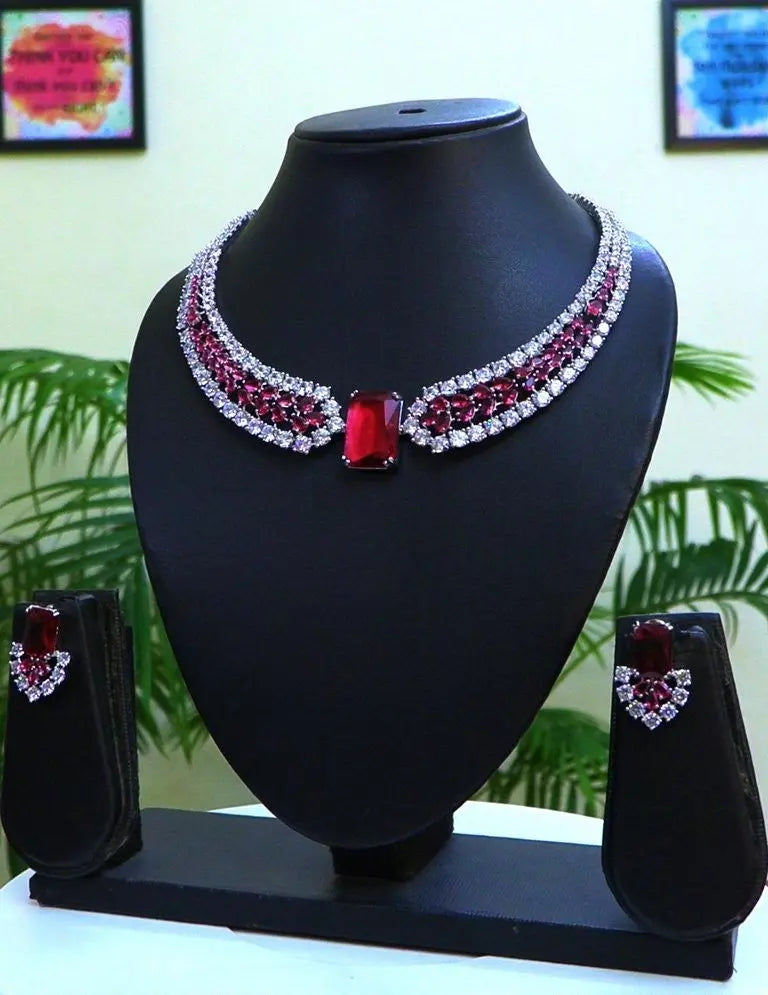 Garnet & Silver CZ Statement Necklace Set – Ruby Hydrostone Centerpiece with 24CT Rhodium Plating Indian Fashions