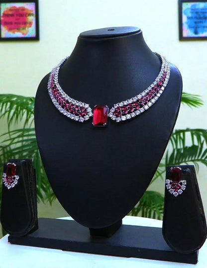 Garnet & Silver CZ Statement Necklace Set – Ruby Hydrostone Centerpiece with 24CT Rhodium Plating Indian Fashions