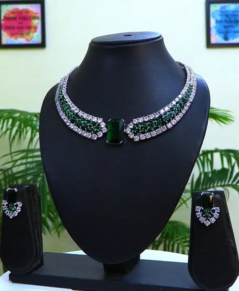 Emerald & American Diamond CZ Statement Necklace Set | 24K Rhodium Plated Silver Indian Fashions