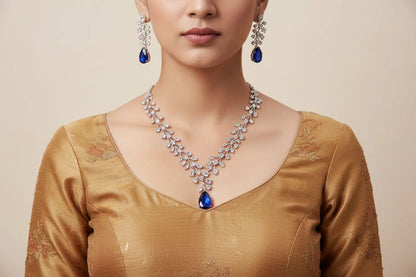 Traditional yet Trendy Design | Ideal for your Parties ! Sephaire on silver, stunning piece with high quality cz/s - Deepika's Adornments