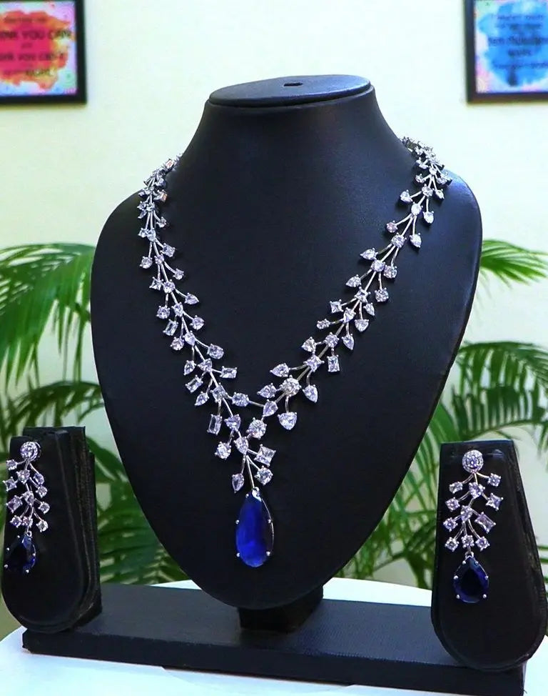 Sapphire Blue Hydrostone & CZ Leaf Design Necklace Set | 24K Rhodium Plated Silver Indian Fashions