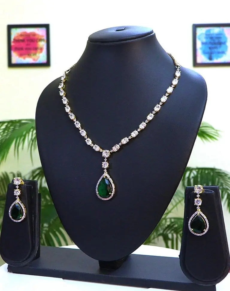 Emerald & CZ Statement Necklace Set | 24ct Rhodium Plated Indian Jewelry Deepika's Adornments
