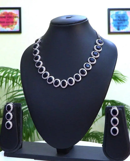 Midnight Blue & CZ Statement Necklace Set | 24K Rhodium Plated Silver Indian Fashions