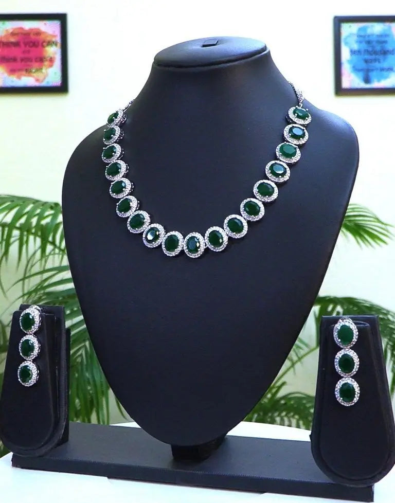 Emerald & CZ Statement Necklace Set | 24K Rhodium Plated Silver Indian Fashions