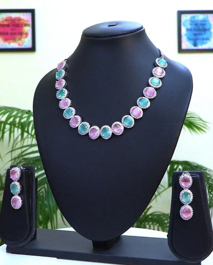 Pastel Pink & Mint CZ Statement Necklace Set | 24K Rhodium Plated Silver Indian Fashions