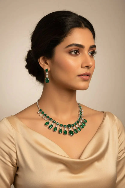 A Classic Cz Set on Fire! It can be worn as choker or necklace. Beautiful combo of green doublet and silver with premium quality of Cz's - Deepika's Adornments