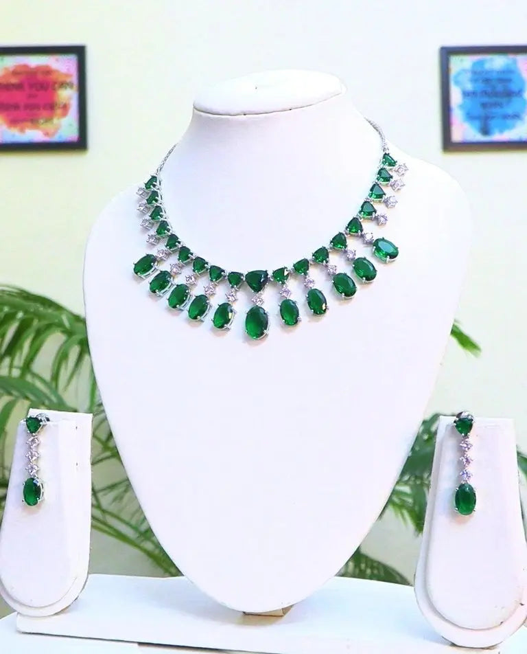 2-in-1 Emerald Green Hydrostone & CZ Necklace Set | Choker or Necklace | 24K Rhodium Plated Indian Fashions