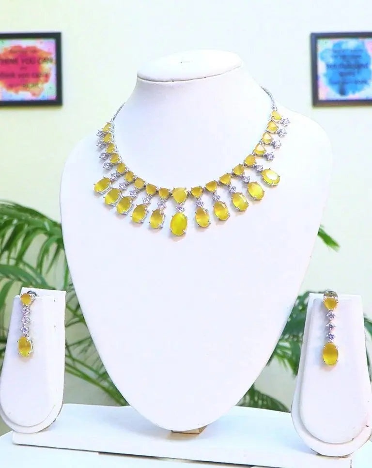 Yellow & Silver CZ Necklace Set – Convertible Choker or Necklace with 24CT Rhodium Plating Indian Fashions