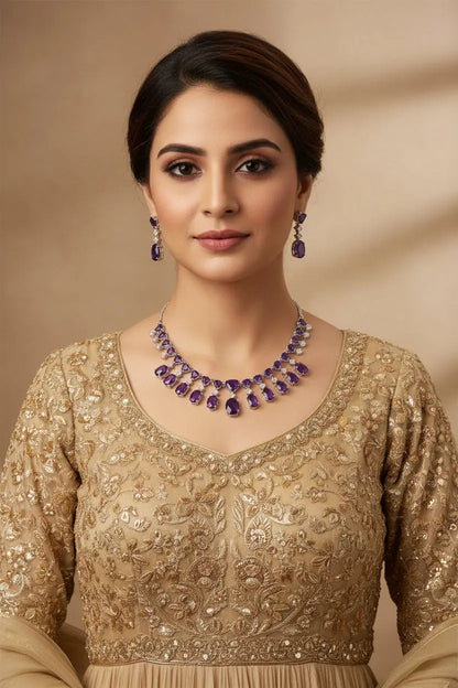 A Classic Cz Set on Fire! It can be worn as choker or necklace. Beautiful combo of purple doublet and silver with premium quality of Cz's - Deepika's Adornments