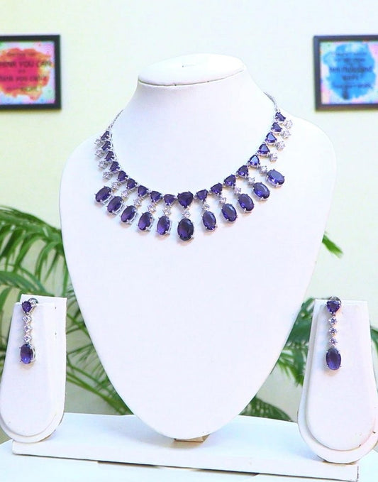 A Classic Cz Set on Fire! It can be worn as choker or necklace. Beautiful combo of purple doublet and silver with premium quality of Cz's