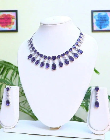 2-in-1 Purple Hydrostone & CZ Necklace Set | Choker or Necklace | 24K Rhodium Plated Indian Fashions