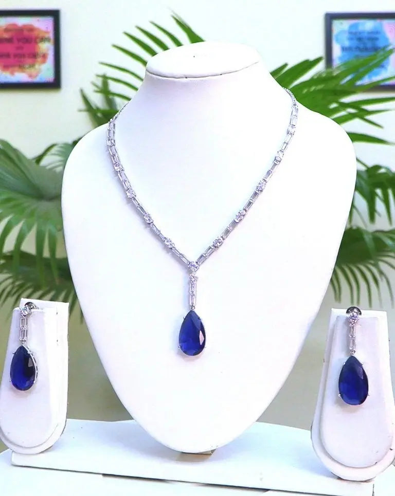 Sapphire Blue & Silver CZ Statement Necklace Set – Bollywood Inspired with 24CT Rhodium Plating Indian Fashions