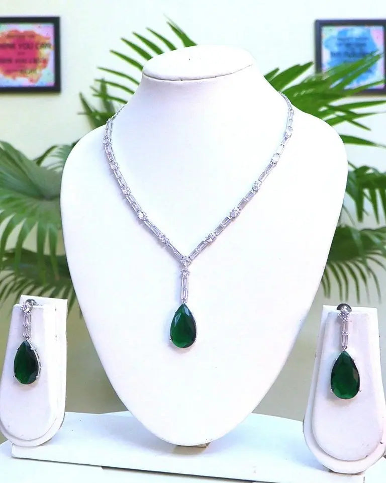 Green Stone & Silver Hydrostone Necklace Set Indian Fashions