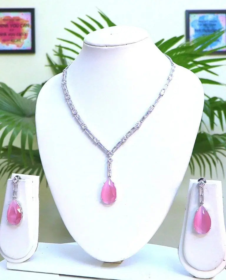 Pink Stone & Silver Hydrostone Necklace Set | Bollywood-Inspired Indian Fashions