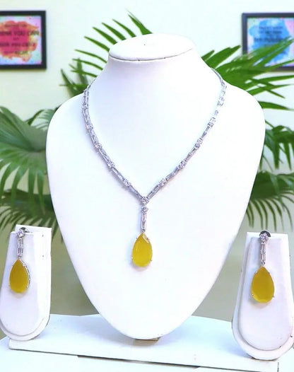 Yellow & Silver CZ Statement Necklace Set – Bollywood Inspired with Large Hydrostone Centerpiece Indian Fashions