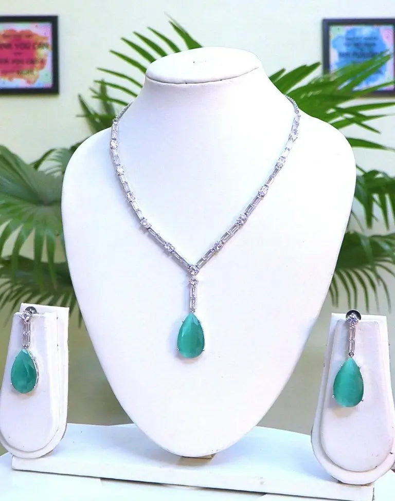 Aqua Turquoise & Silver CZ Statement Necklace Set – Bollywood Inspired with 24CT Rhodium Plating Indian Fashions
