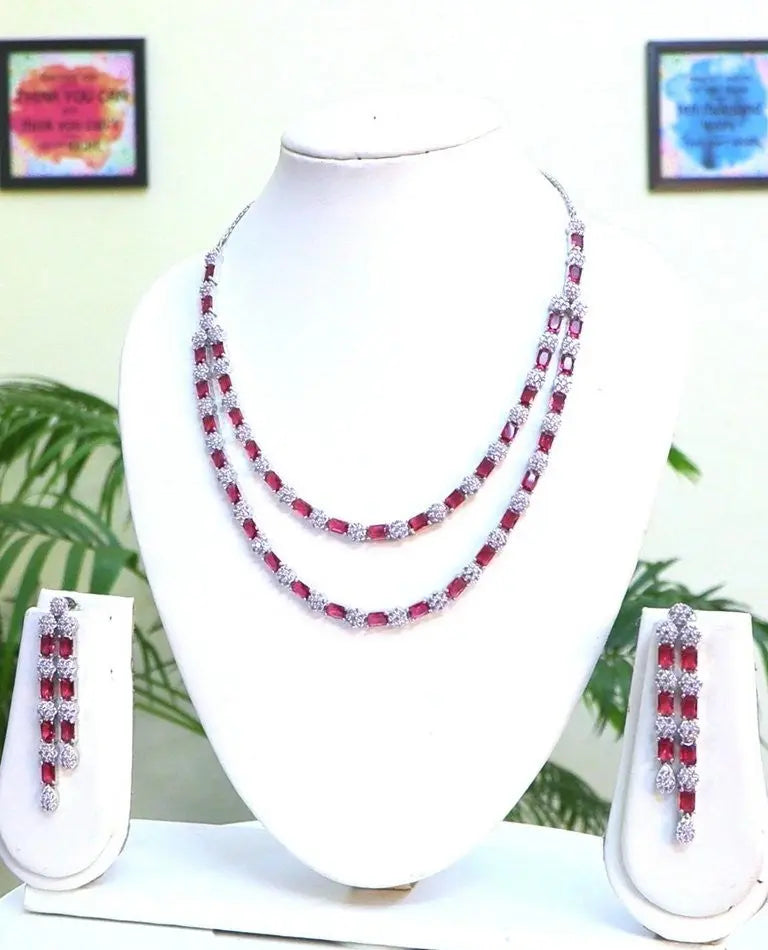 Red Hydrostone & CZ Double Layer Statement Necklace Set | 24K Rhodium Silver Indian Fashions