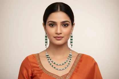 Green Statement Double Layer Necklace Set - Deepika's Adornments