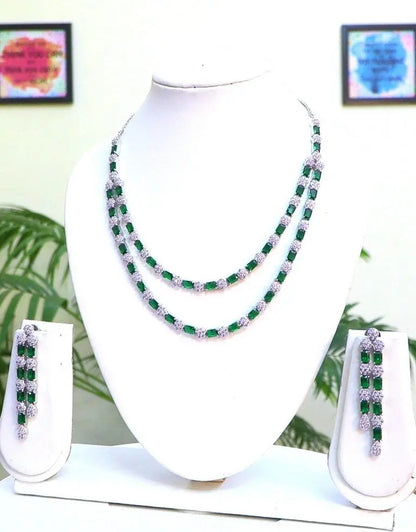 Blue & Clear CZ Double Layer Statement Necklace Set | 24K Rhodium Silver Indian Fashions