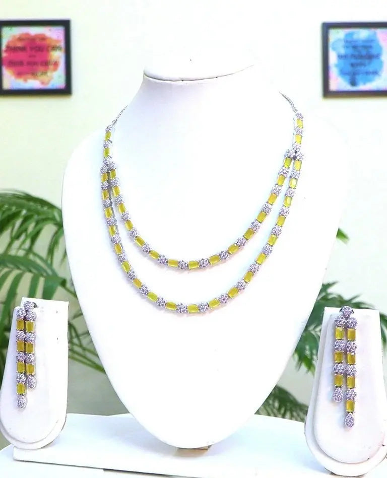 Yellow & Clear CZ Double Layer Statement Necklace Set | 24K Rhodium Silver Indian Fashions