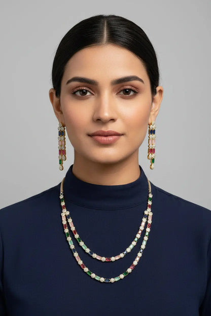 2-Layer Pastel Multi Color Hydrostone & CZ Necklace Set | 24ct Gold Plated Indian Fashions