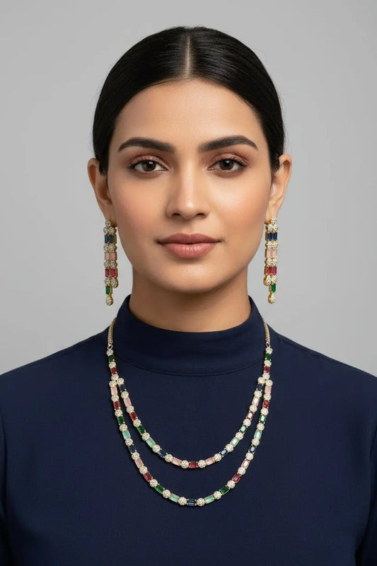 2-Layer Pastel Multi Color Hydrostone & CZ Necklace Set | 24ct Gold Plated Indian Fashions