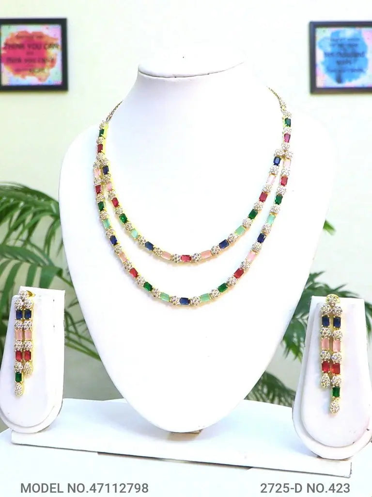 2-Layer Pastel Multi Color Hydrostone & CZ Necklace Set | 24ct Gold Plated Indian Fashions
