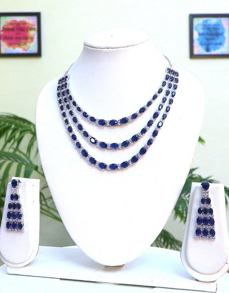 3 layer party wear trendy | Sephaire doublet and premium Cz Necklace Set with long earings in Silver