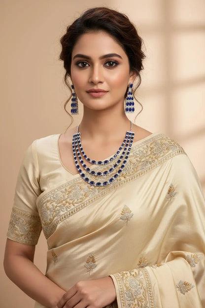3 layer party wear trendy | Sephaire doublet and premium Cz Necklace Set with long earings in Silver - Deepika's Adornments