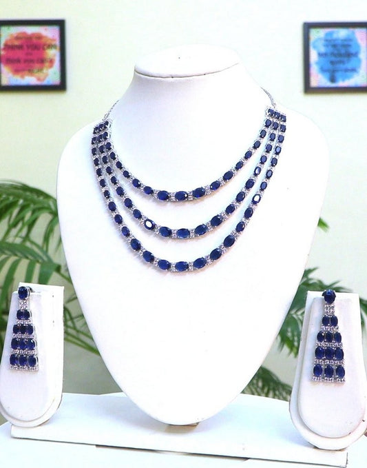 3 layer party wear trendy | Sephaire doublet and premium Cz Necklace Set with long earings in Silver
