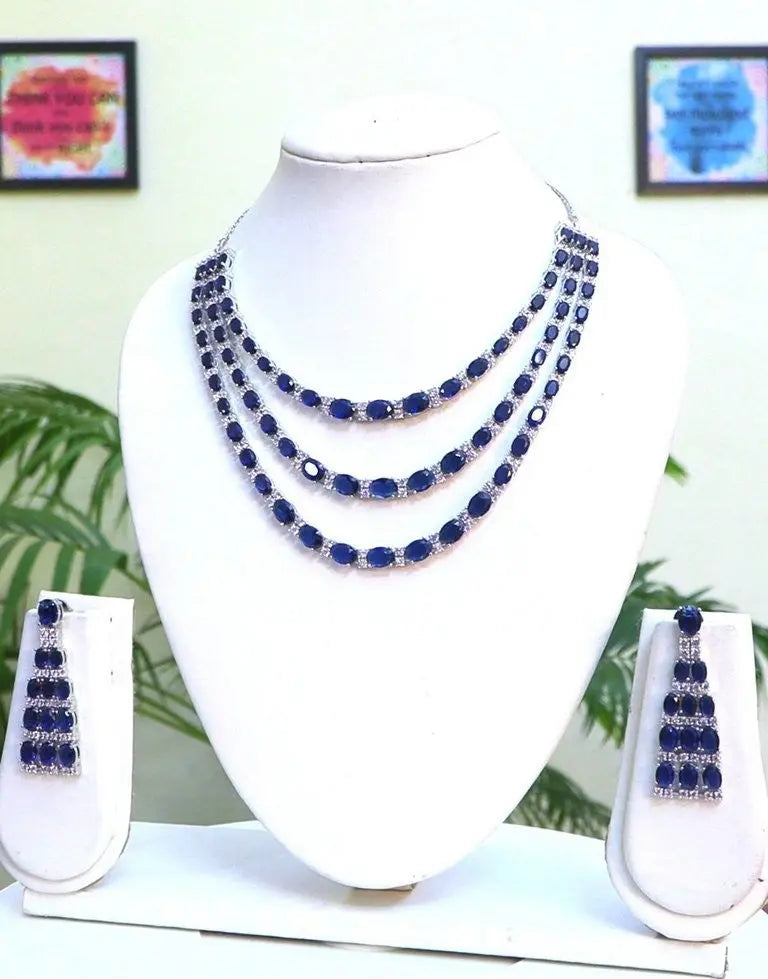 3-Layer CZ & Sapphire Hydrostone Necklace Set with Long Earrings | Party Wear | Silver Tone Indian Fashions
