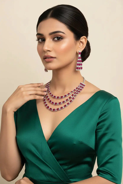3 layer party wear trendy | red doublet and premium CZ Necklace Set with long earrings in Silver - Deepika's Adornments