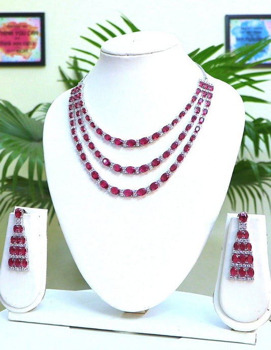 3 layer party wear trendy | red doublet and premium CZ Necklace Set with long earrings in Silver