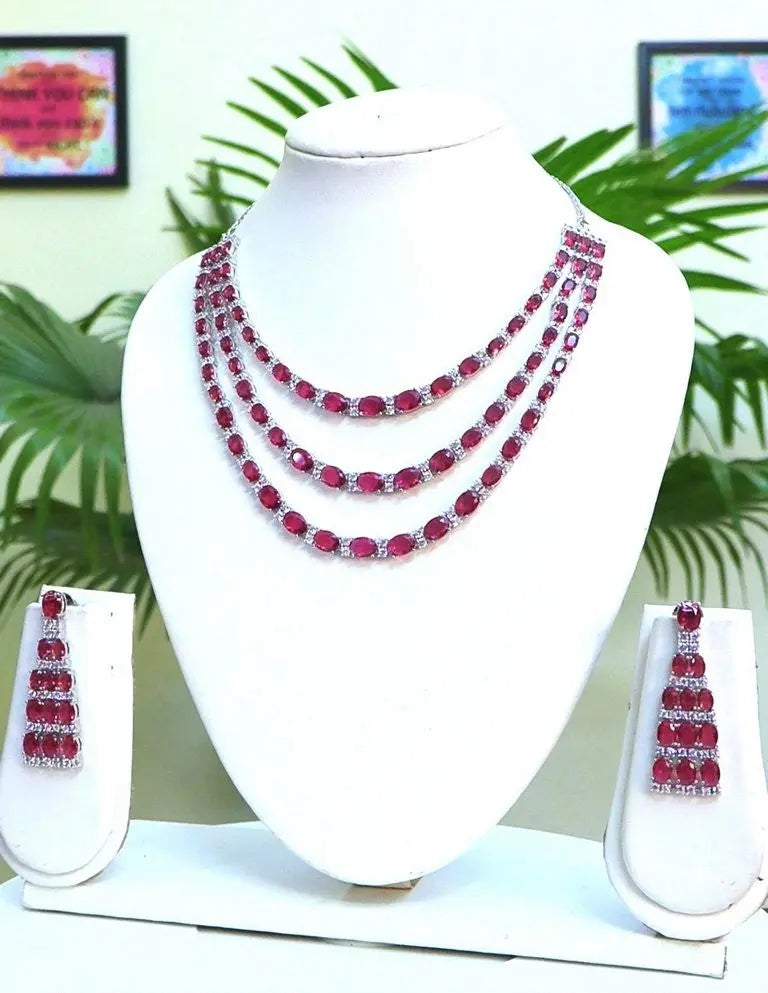 3-Layer CZ & Red Hydrostone Necklace Set with Long Earrings | Party Wear | Silver Tone Indian Fashions