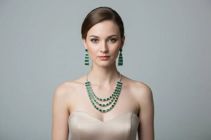 3-Layer Green & Silver CZ Party Wear Necklace Set with Long Earrings Indian Fashions