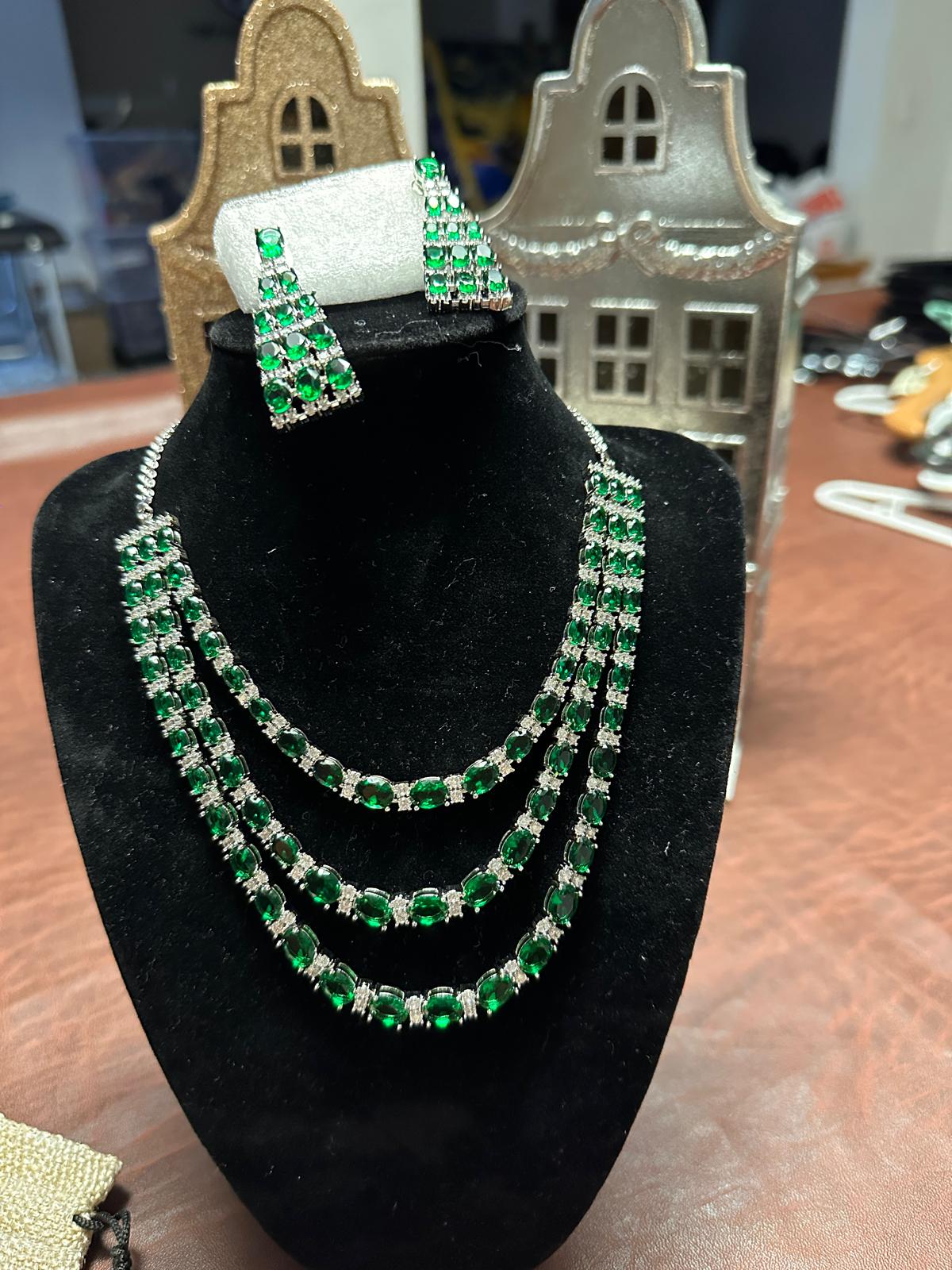 3 layer Green party wear necklace set