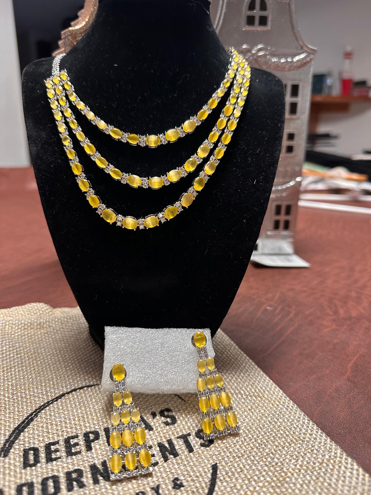 3 layer Yellow party wear necklace set
