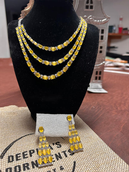 3 layer Yellow party wear necklace set