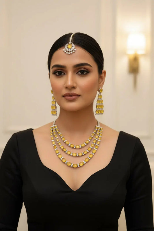3 layer Yellow party wear necklace set - Deepika's Adornments