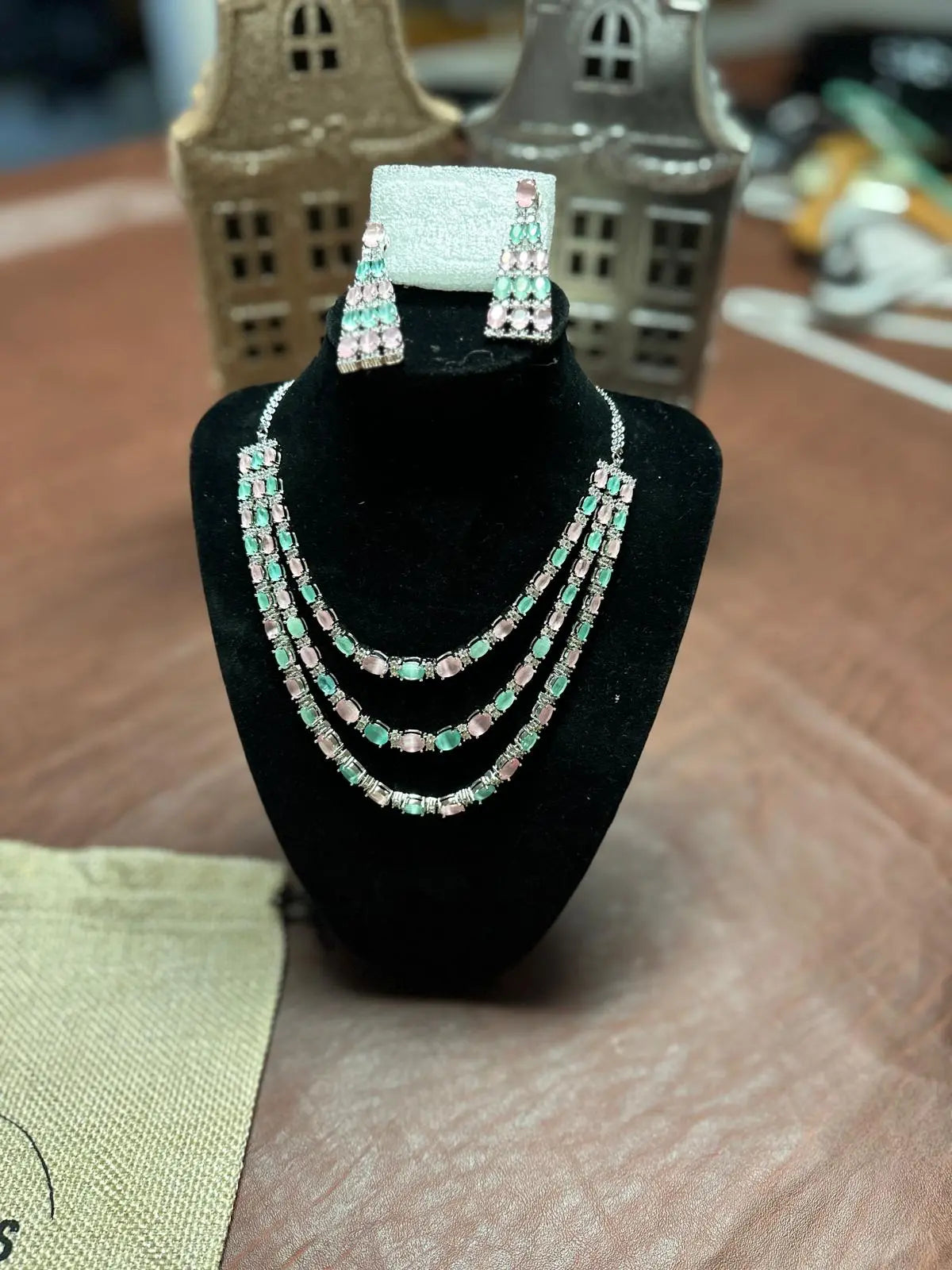 3-Layer Mint & Pink Pastel CZ Party Wear Necklace Set with Long Earrings Indian Fashions